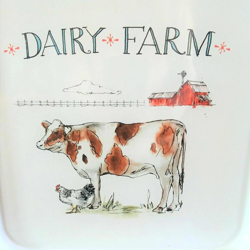Farmhouse Enamel Ware Serving Tray Cow Rooster Red Barn Dairy Farm NEW - Picture 2 of 5